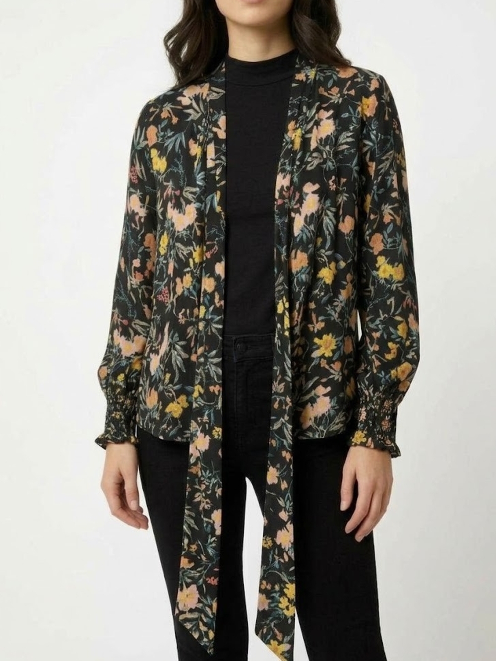 Patrons Of Peace Black Floral Open Front Cardigan